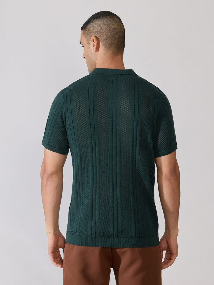 Men's regular Fit Textured Open Knit Polo T-Shirt in  green