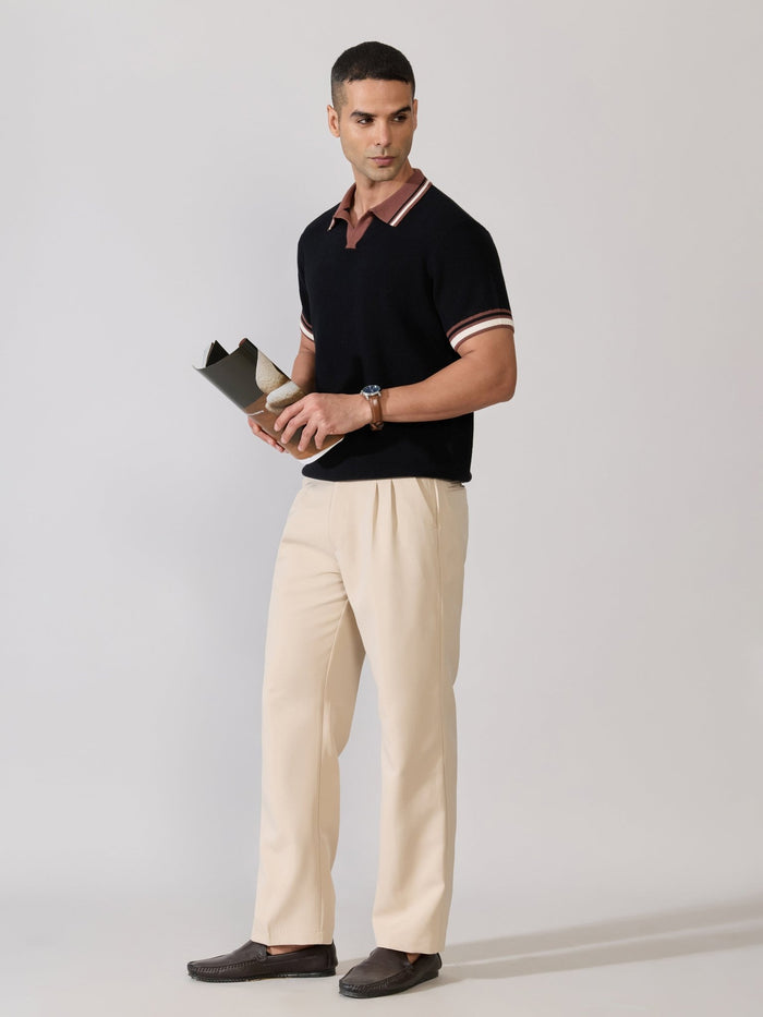 Regular Fit Contrast Collar Knit Polo T-Shirt - Black
