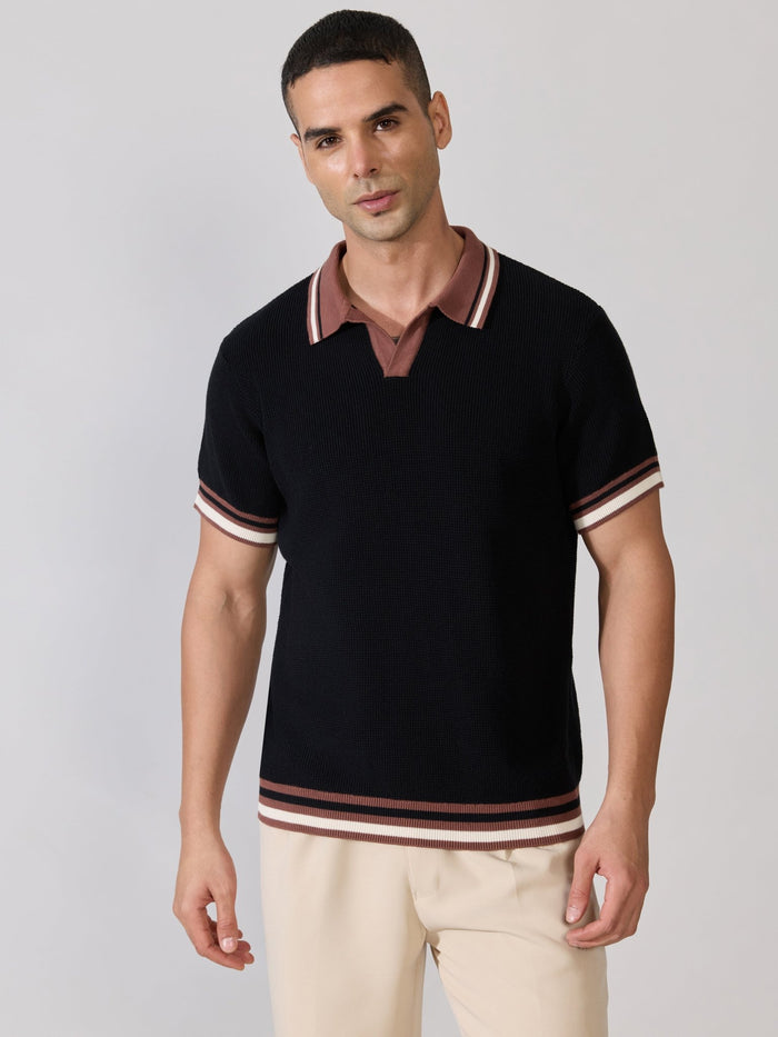 Regular Fit Contrast Collar Knit Polo T-Shirt - Black