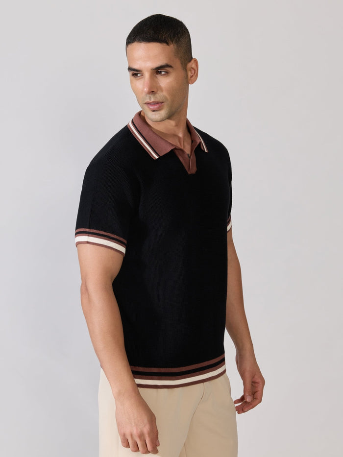 Regular Fit Contrast Collar Knit Polo T-Shirt - Black