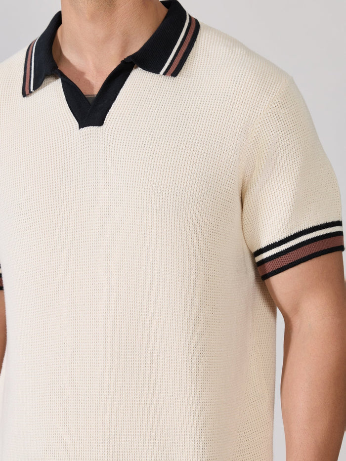 Regular Fit Contrast Collar Knit Polo T-Shirt - cream