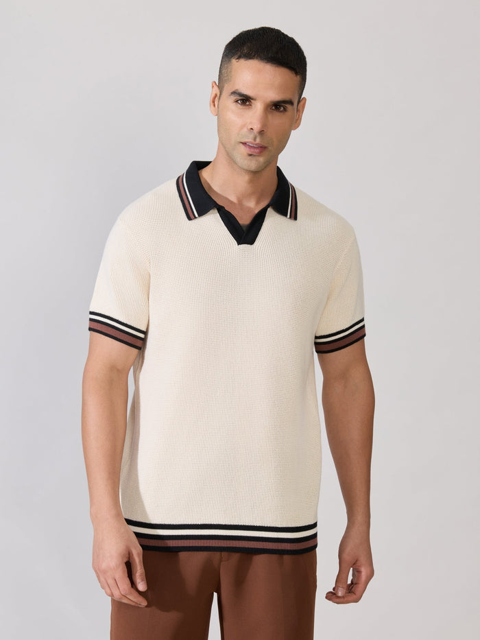 Regular Fit Contrast Collar Knit Polo T-Shirt - cream