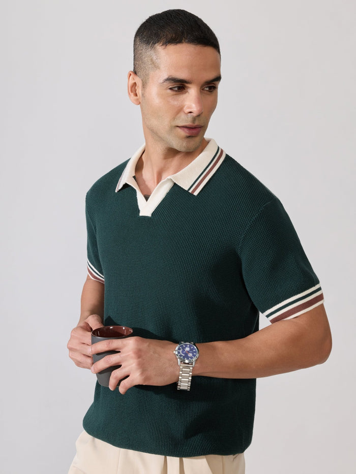 Regular Fit Contrast Collar Knit Polo T-Shirt - Green