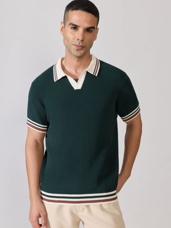 Regular Fit Contrast Collar Knit Polo T-Shirt - Green