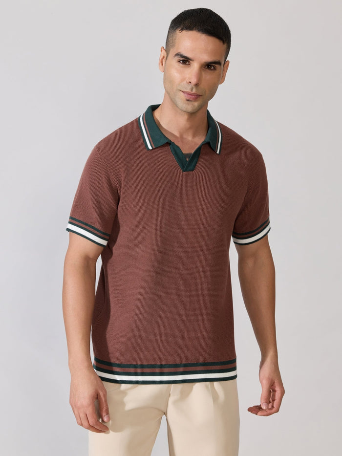 Kikeos-4 - Regular Fit Contrast Collar Knit Polo T-Shirt - Root Beer