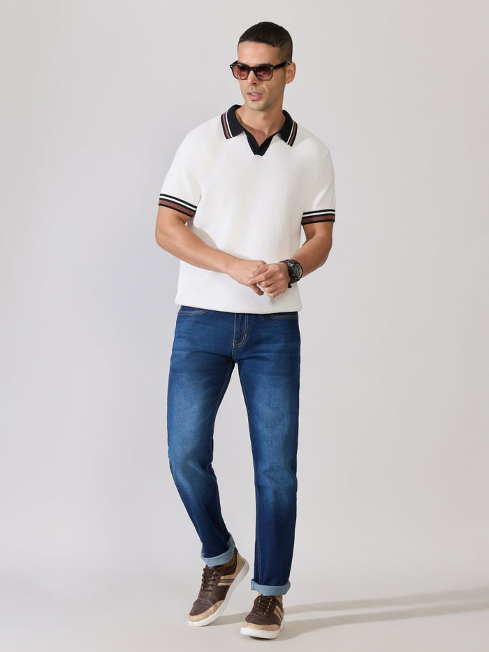 Men's Regular Fit Contrast Collar Knit Polo T-Shirt in White