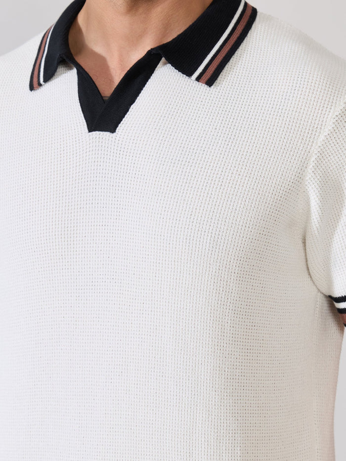 Men's Regular Fit Contrast Collar Knit Polo T-Shirt in White