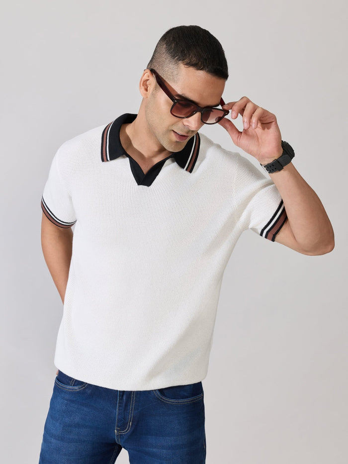 Men's Regular Fit Contrast Collar Knit Polo T-Shirt in White