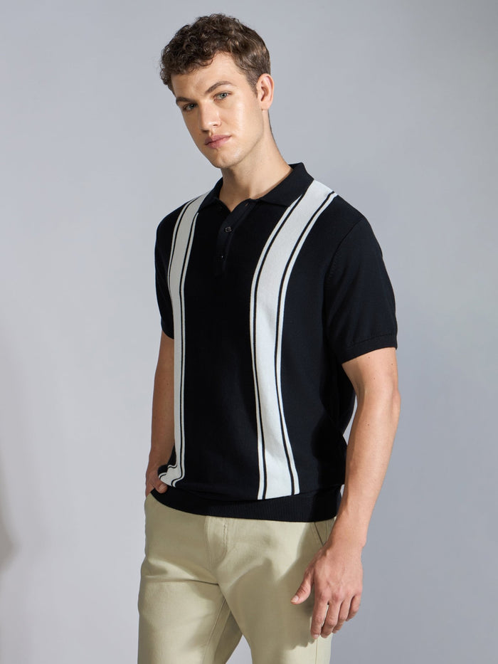 Men's Regular Fit Vertical Stripe Knit Polo T-Shirt in black