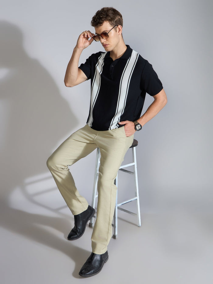 Men's Regular Fit Vertical Stripe Knit Polo T-Shirt in black
