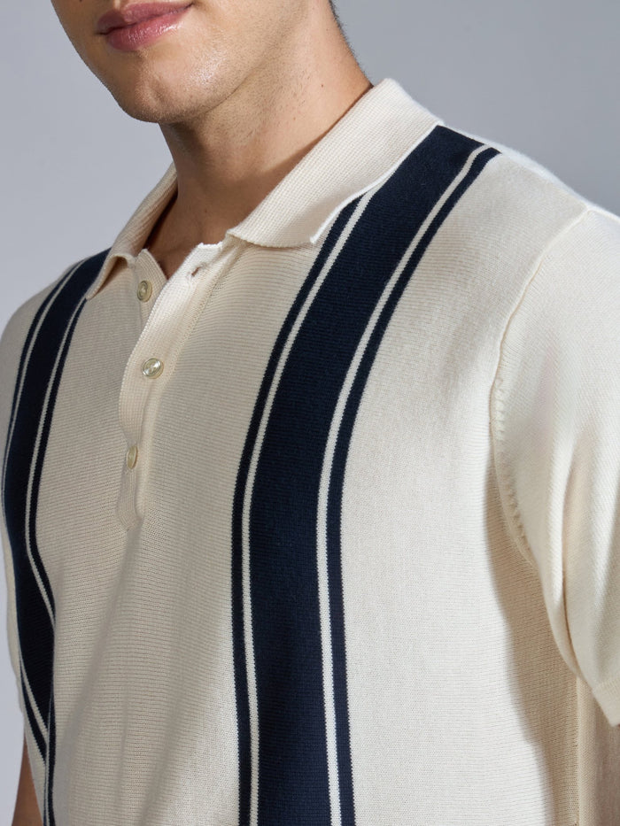 Men's Regular Fit Vertical Stripe Knit Polo T-Shirt in Cream