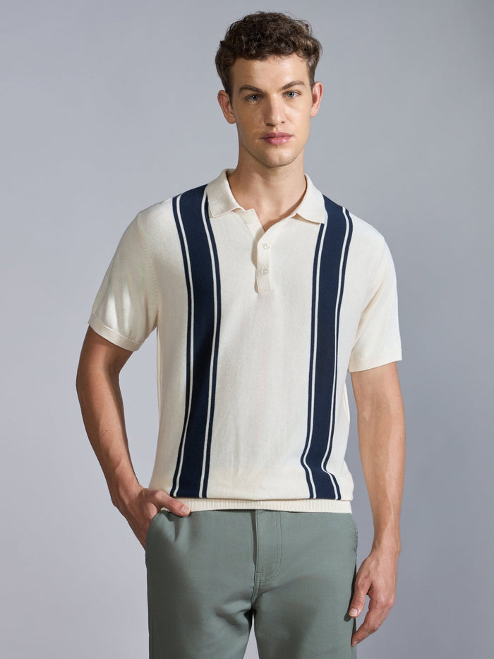 Men's Regular Fit Vertical Stripe Knit Polo T-Shirt in Cream