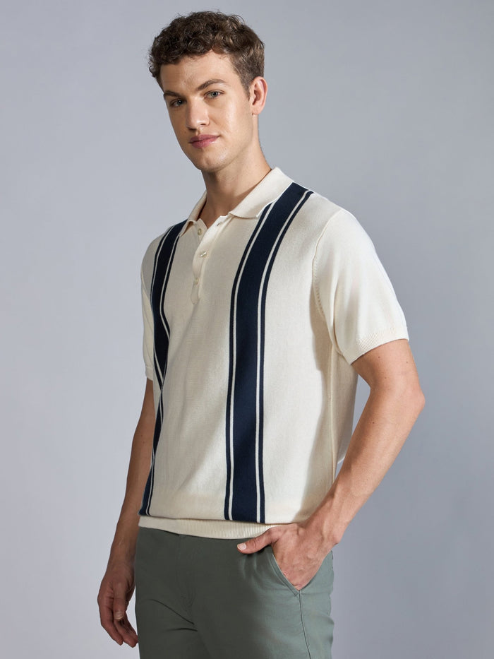 Men's Regular Fit Vertical Stripe Knit Polo T-Shirt in Cream