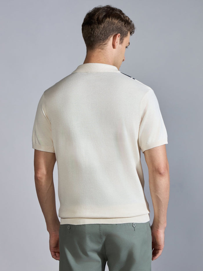 Men's Regular Fit Vertical Stripe Knit Polo T-Shirt in Cream