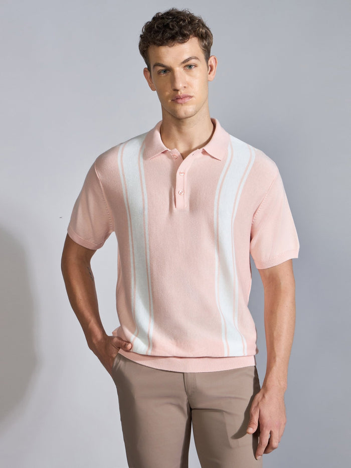 Men's Regular Fit Vertical Stripe Knit Polo T-Shirt in pink