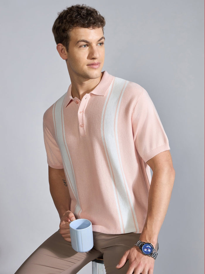 Men's Regular Fit Vertical Stripe Knit Polo T-Shirt in pink