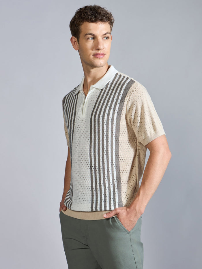Men's  Regular Fit Half Zip Stripe Knit Polo T-Shirt in Beige