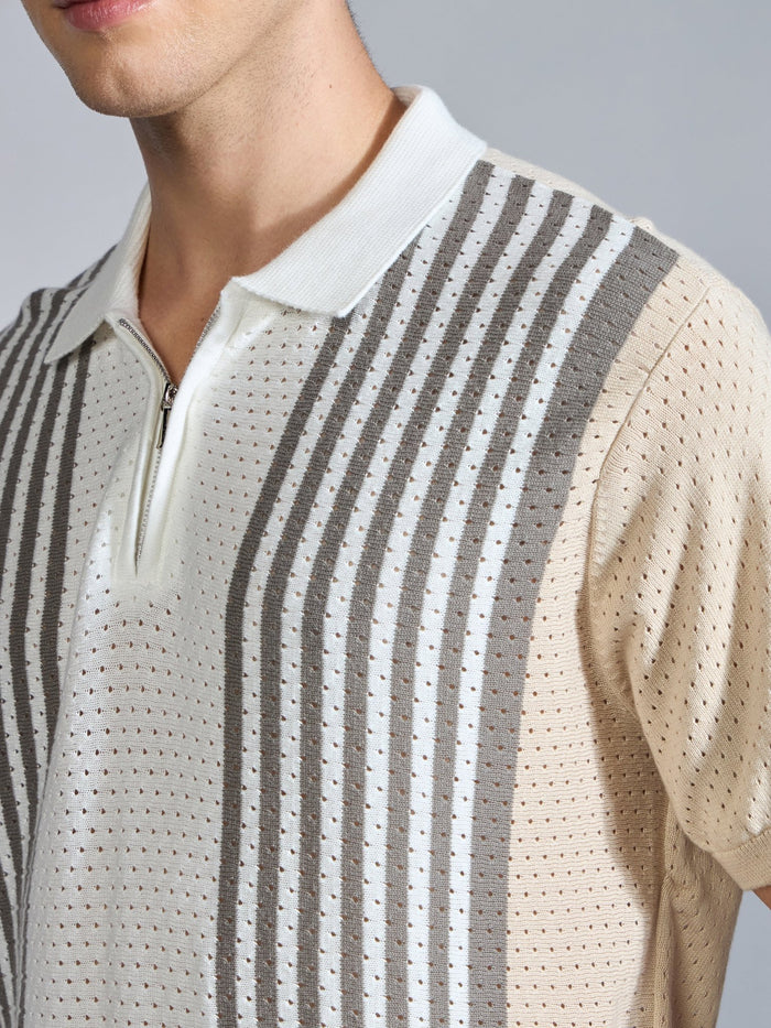 Men's  Regular Fit Half Zip Stripe Knit Polo T-Shirt in Beige