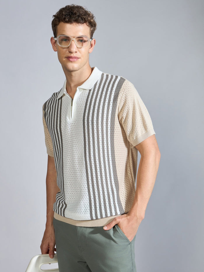 Men's  Regular Fit Half Zip Stripe Knit Polo T-Shirt in Beige