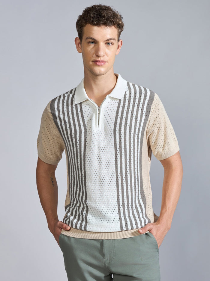Men's  Regular Fit Half Zip Stripe Knit Polo T-Shirt in Beige