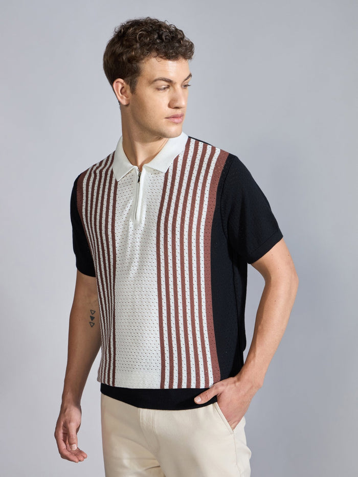Men's  Regular Fit Half Zip Stripe Knit Polo T-Shirt in black