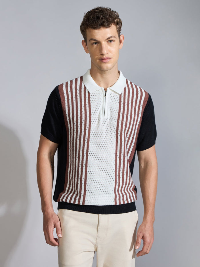 Men's  Regular Fit Half Zip Stripe Knit Polo T-Shirt in black