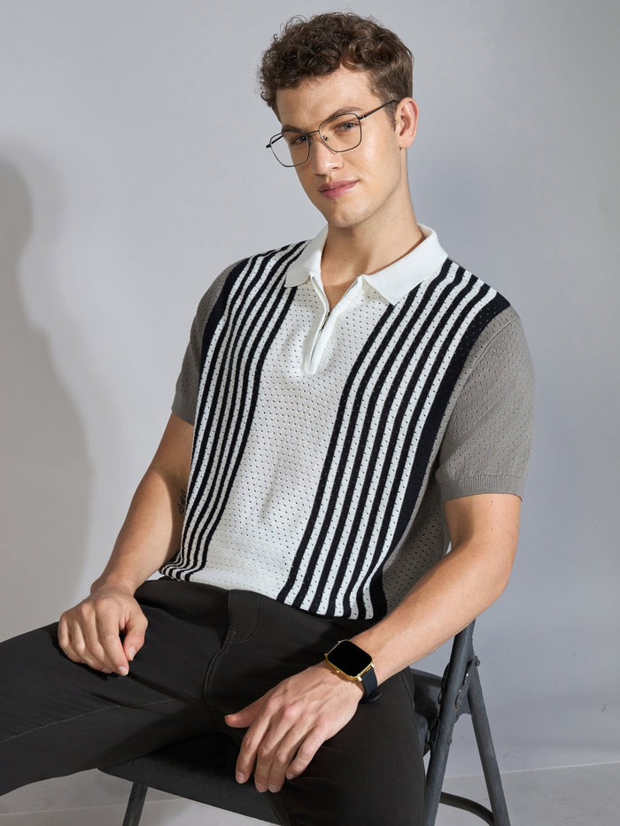 Men's  Regular Fit Half Zip Stripe Knit Polo T-Shirt in brushed nickel