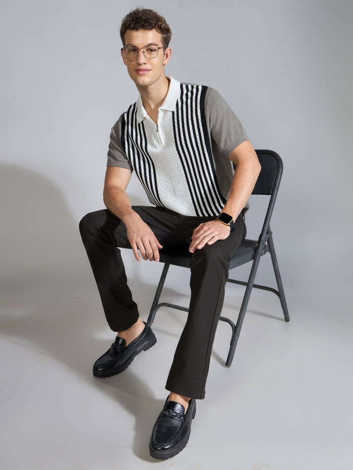 Men's  Regular Fit Half Zip Stripe Knit Polo T-Shirt in brushed nickel