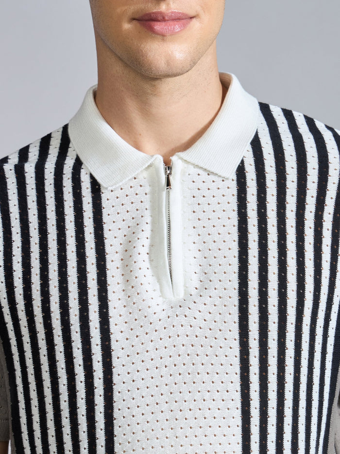 Men's  Regular Fit Half Zip Stripe Knit Polo T-Shirt in brushed nickel