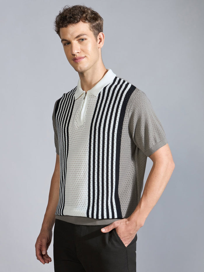 Men's  Regular Fit Half Zip Stripe Knit Polo T-Shirt in brushed nickel