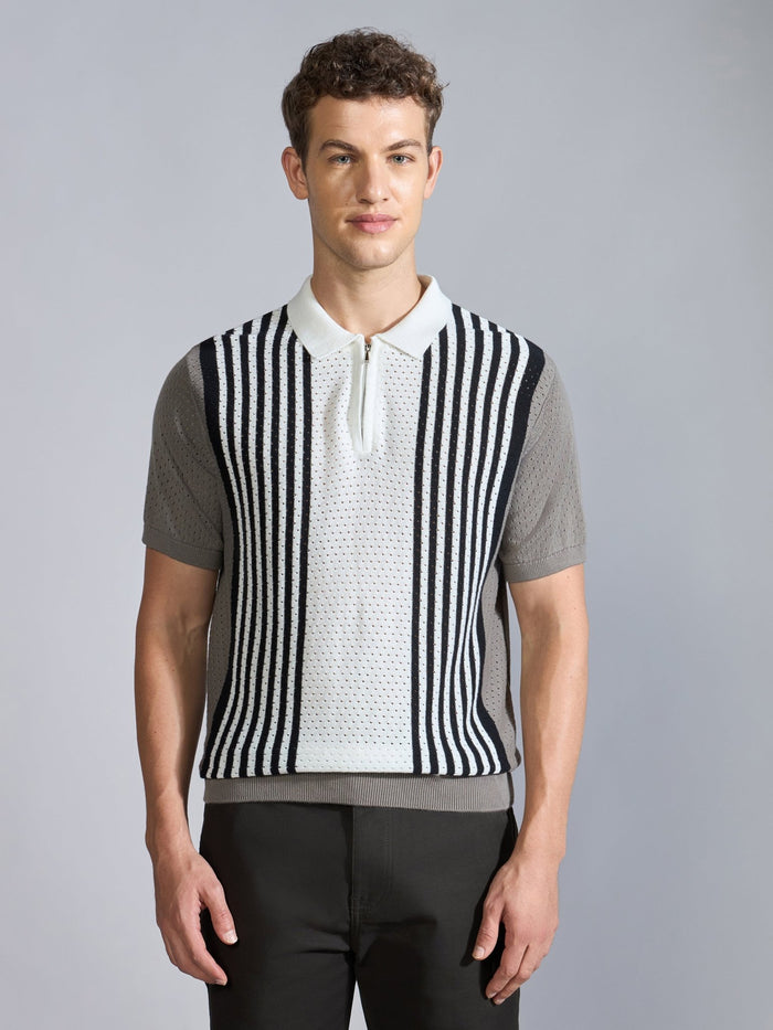 Men's  Regular Fit Half Zip Stripe Knit Polo T-Shirt in brushed nickel