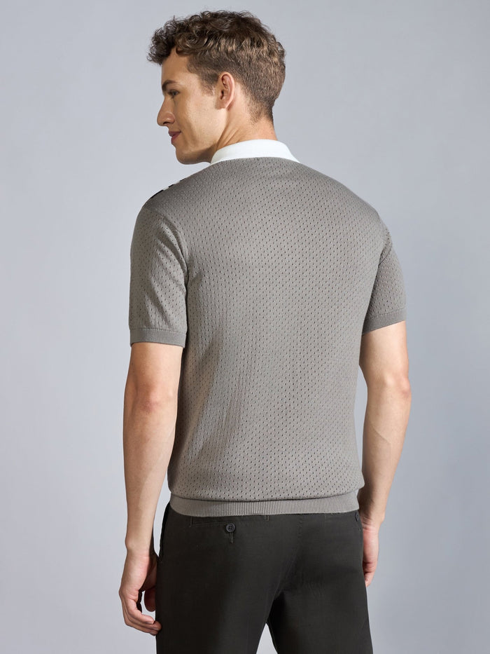 Men's  Regular Fit Half Zip Stripe Knit Polo T-Shirt in brushed nickel