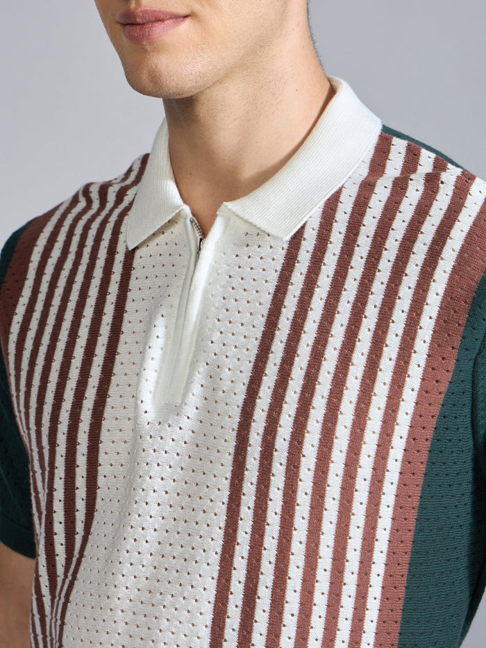 Men's  Regular Fit Half Zip Stripe Knit Polo T-Shirt in green