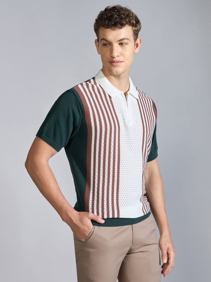 Men's  Regular Fit Half Zip Stripe Knit Polo T-Shirt in green
