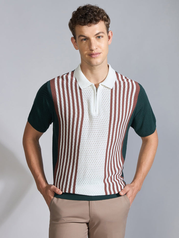 Men's  Regular Fit Half Zip Stripe Knit Polo T-Shirt in green