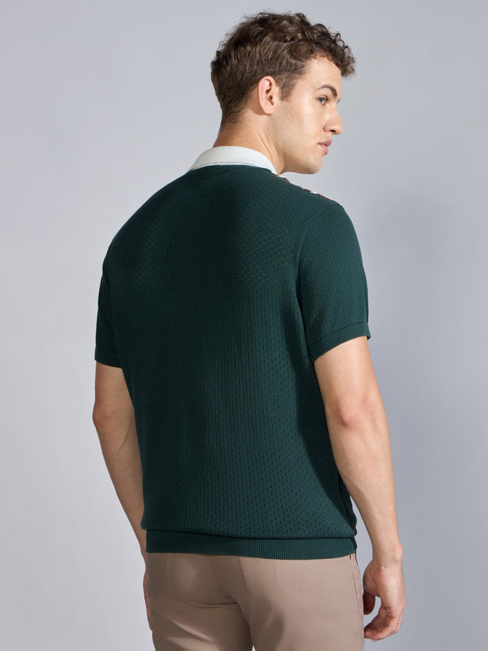 Men's  Regular Fit Half Zip Stripe Knit Polo T-Shirt in green