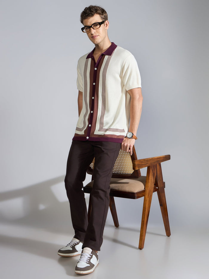 Men's Regular Fit Dual-Tone Retro Stripe Design Knit Polo Shirt in cream