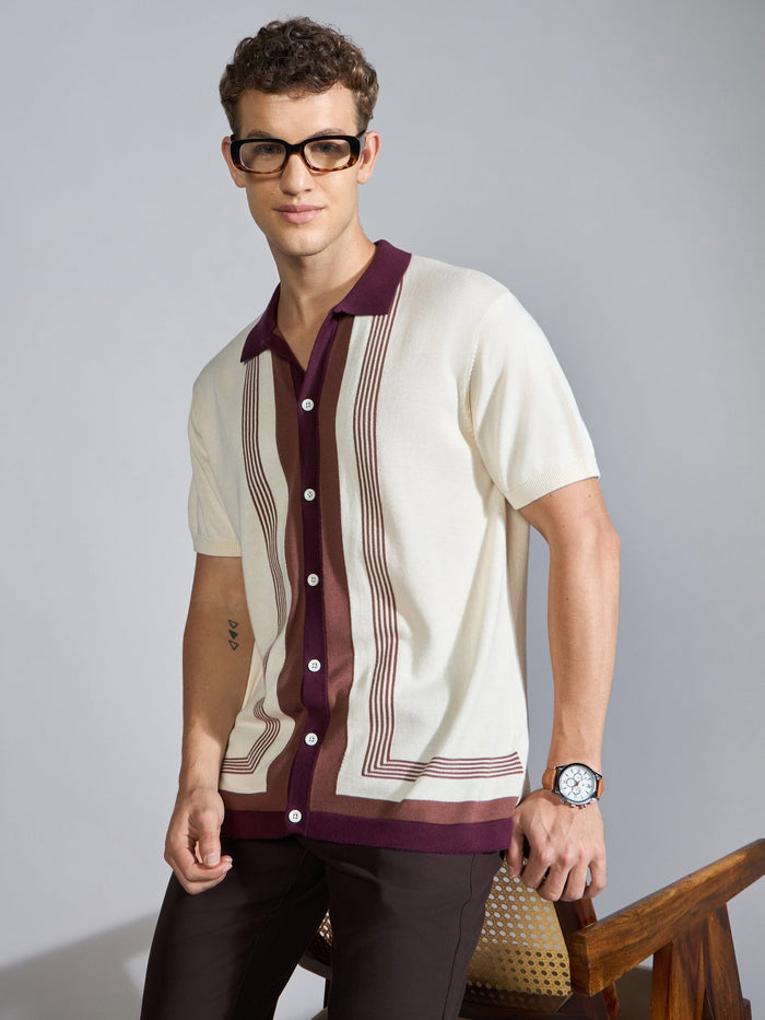 Men's Regular Fit Dual-Tone Retro Stripe Design Knit Polo Shirt in cream