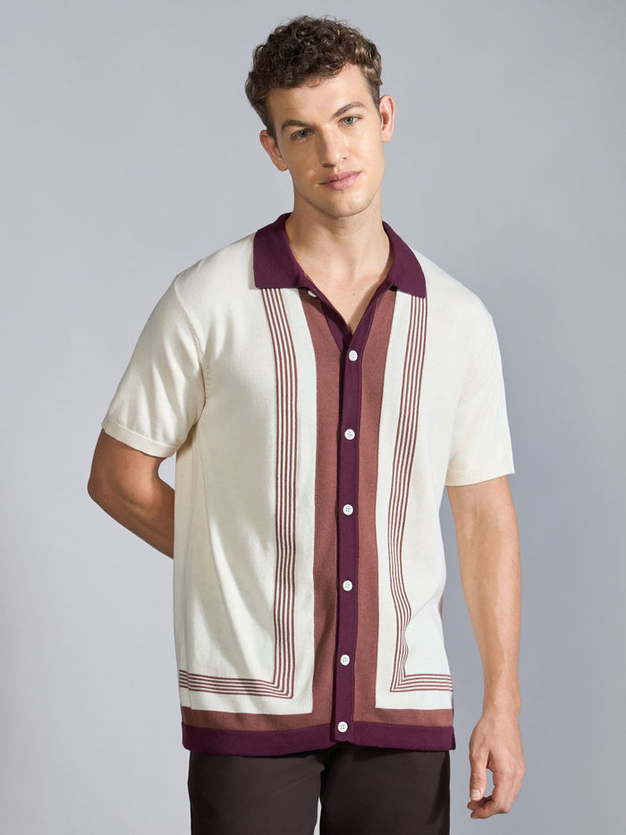 Men's Regular Fit Dual-Tone Retro Stripe Design Knit Polo Shirt in cream