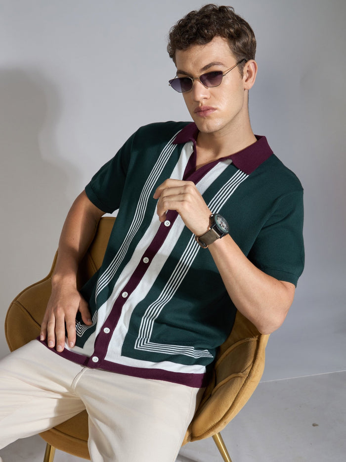 Men's Regular Fit Dual-Tone Retro Stripe Design Knit Polo Shirt in  Green