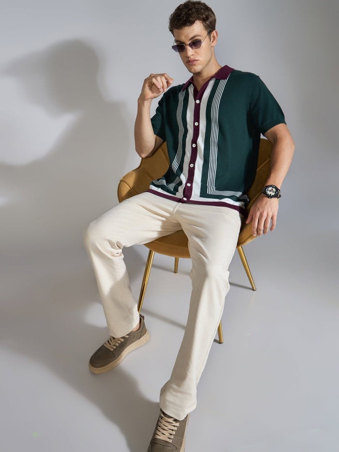 Men's Regular Fit Dual-Tone Retro Stripe Design Knit Polo Shirt in  Green