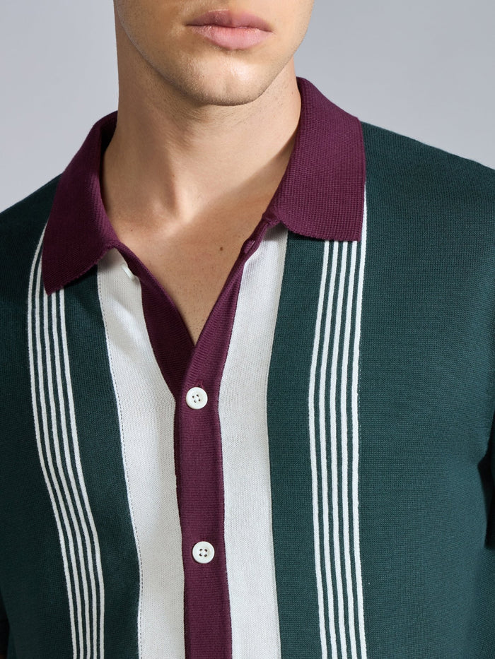 Men's Regular Fit Dual-Tone Retro Stripe Design Knit Polo Shirt in  Green