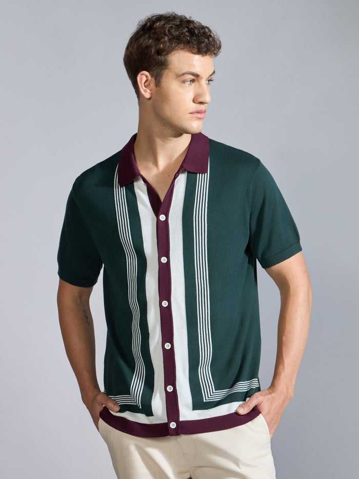 Men's Regular Fit Dual-Tone Retro Stripe Design Knit Polo Shirt in  Green