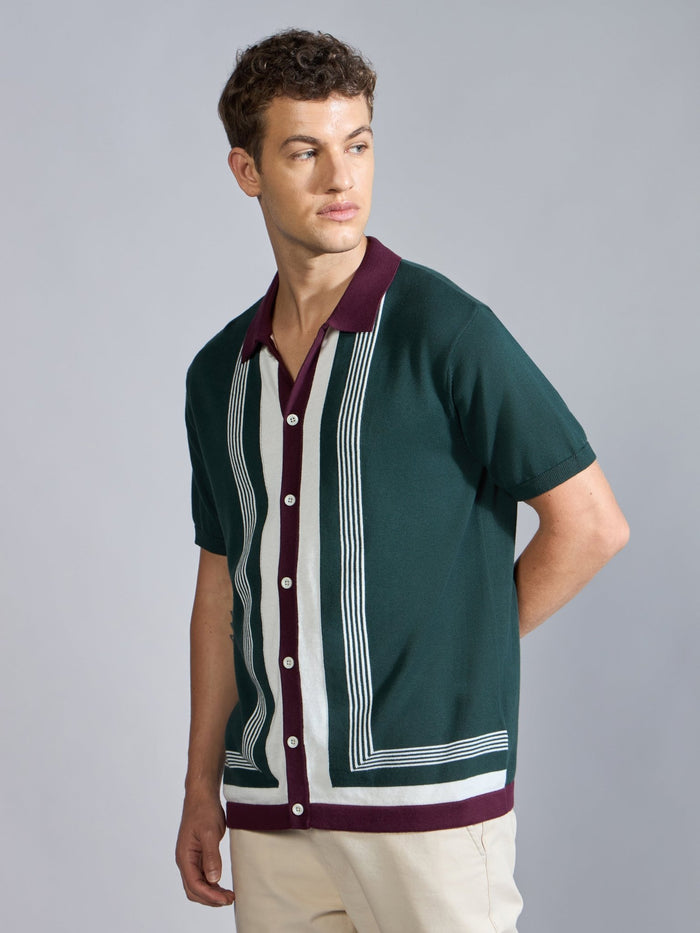 Men's Regular Fit Dual-Tone Retro Stripe Design Knit Polo Shirt in  Green