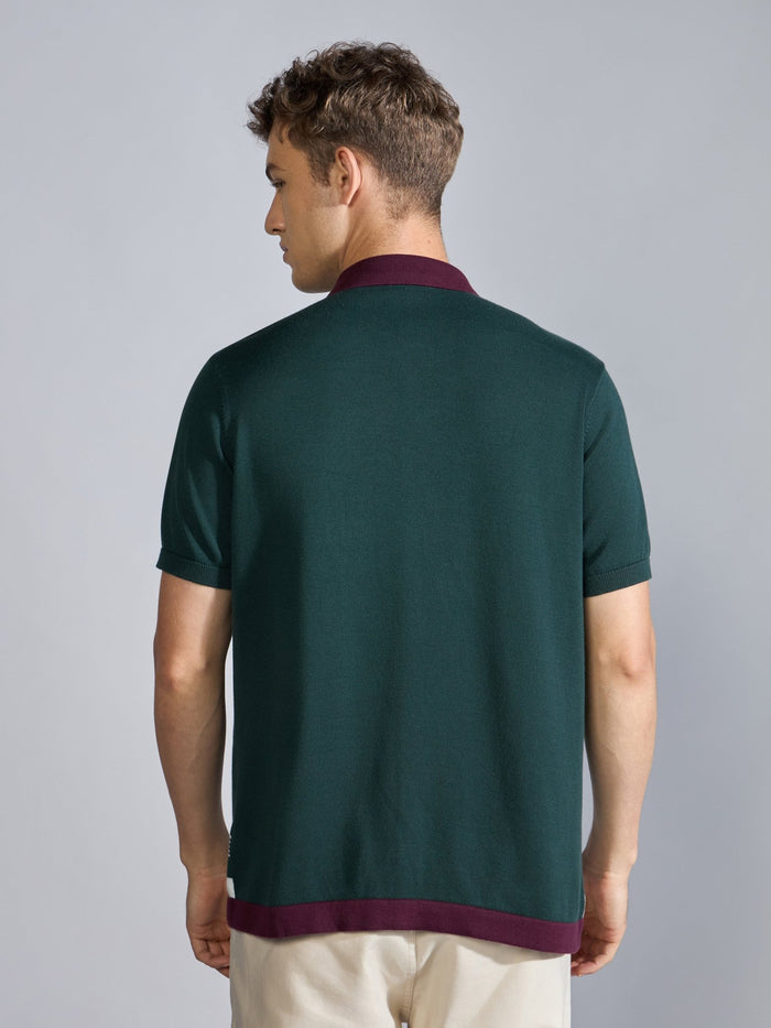 Men's Regular Fit Dual-Tone Retro Stripe Design Knit Polo Shirt in  Green