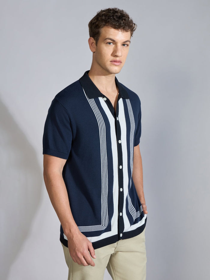 Men's Regular Fit Dual-Tone Retro Stripe Design Knit Polo Shirt in Navy