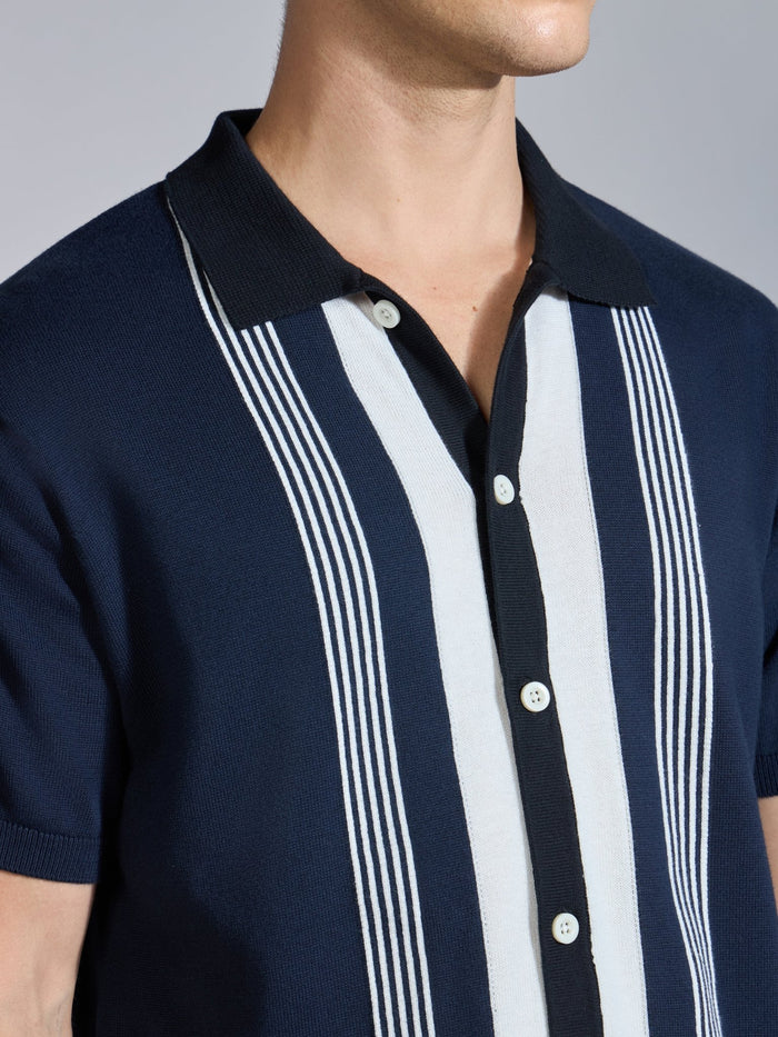 Men's Regular Fit Dual-Tone Retro Stripe Design Knit Polo Shirt in Navy