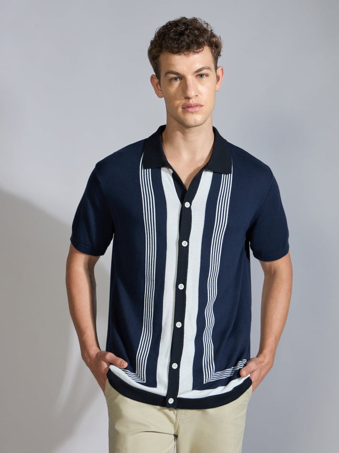 Men's Regular Fit Dual-Tone Retro Stripe Design Knit Polo Shirt in Navy