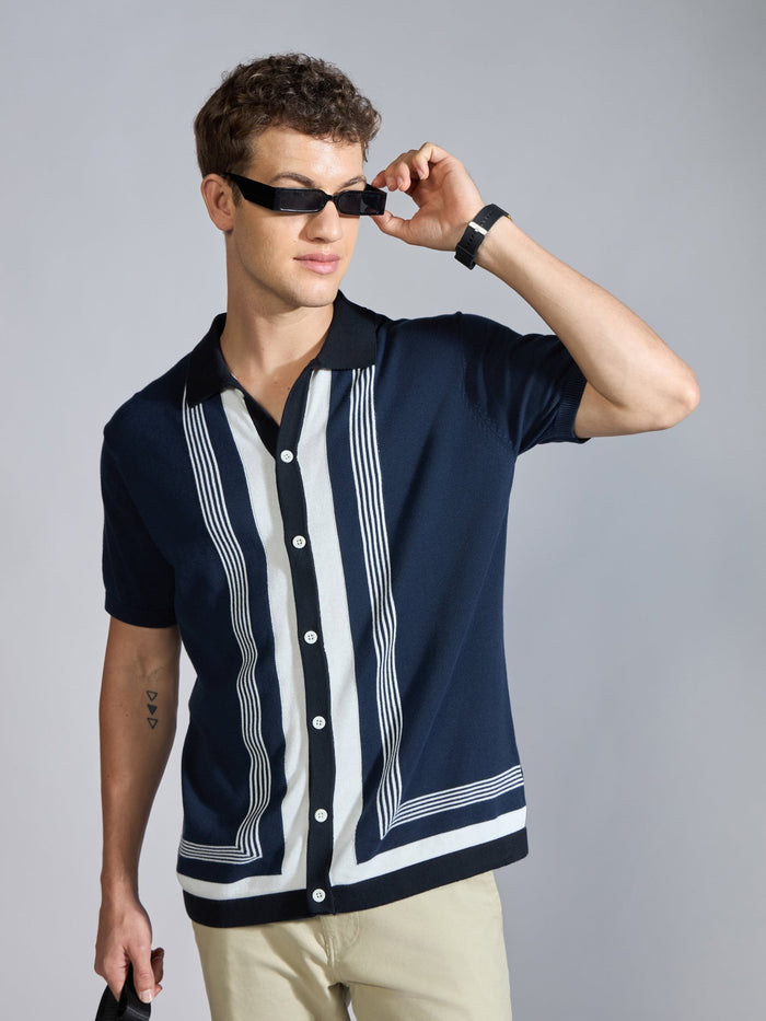 Men's Regular Fit Dual-Tone Retro Stripe Design Knit Polo Shirt in Navy