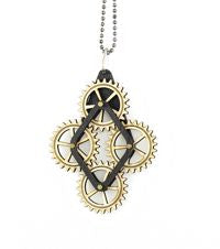 Kinetic quad gear steampunk pendant necklace with four turning gears, made in USA